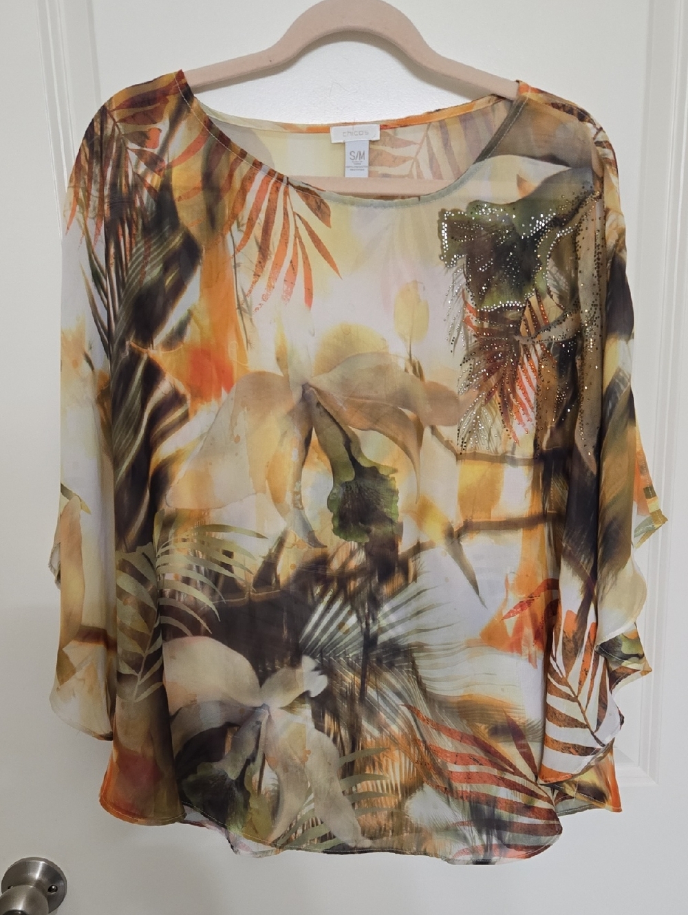 Chico's Leaf-Print Sheer Tunic in Yellow, Green and Brown